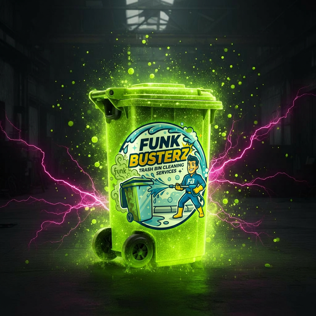 Sparkling clean trash bin glowing with toxic lime energy